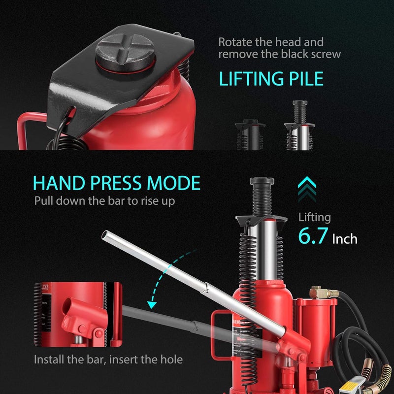 SPECSTAR Pneumatic Air Hydraulic Bottle Jack with Manual Hand Pump 20 Ton Heavy Duty Auto Truck Travel Trailer Repair Lift Red - Image 4
